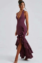 Deep V-neck Ruffles High Split Maxi Dress