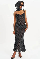 Black Polka Dot Sweetheart Neck Spaghetti Strap Scarf Maxi Dress