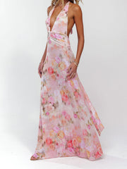 Halter Tie Up Floral Print Maxi Dress