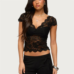 Sheer Scallop Trim Short Sleeve Top