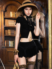 Black Mesh Frill 3d Flower Crop Top And Mini Skirt Set