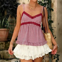 Red Gingham Lace Trim Cami Babydoll Top