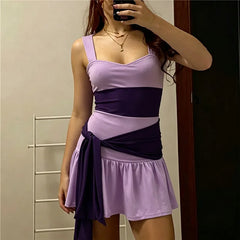 Purple Waist Tie Patchwork Mini Dress