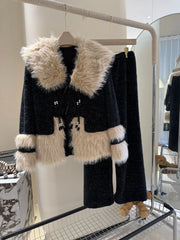Black Fur Pulsh Flannel Shirt And Pants Pajama Set