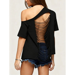Off Shoulder Short Sleeve Distressed Tee