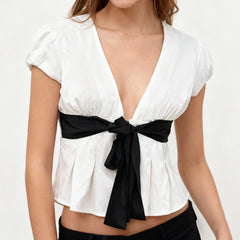 Deep V Neck White Front Bowknot Crop Top