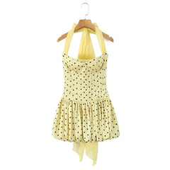 Yellow Polka Dot Tie Bow Halter Puff Hem Mini Dress