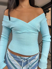 Blue Off Shoulder Wrap V-Neck Long Sleeve Ribbed Top
