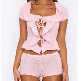 Ruffles Tie-Up Front Short Sleeve Crochet Tops And Shorts Set