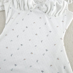 White Printed Ribbed Spaghetti Strap Nightie Sleepwear Dress