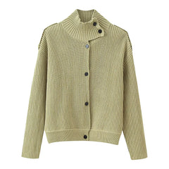 Turtleneck Knitted Stripe Textured Short Cardigan