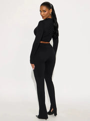 Black Metal Buckle Crop Top And High Waist Pants Set