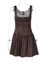 Brown Polka Dot Satin Lace Trim Mini Dress