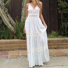 White Lace Patchwork Floral Cami Maxi Dress
