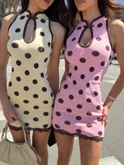 Stand-Up Collar Polka Dot Sleeveless Mini Dress