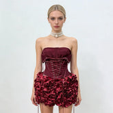 Red Lace Up 3D Flower Corset And Mini Skirt Set