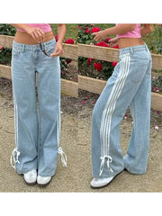 Low Rise Jeans Side Stripe Tie Bow Straight Leg Denim Pants