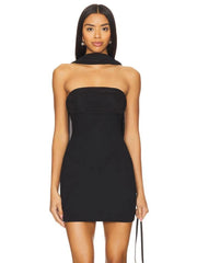 Strapless Folds Mini Dress With Mesh Scarf