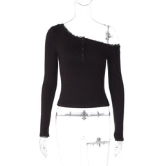 Diagonal Collar Long Sleeve Lace Patchwork Tee