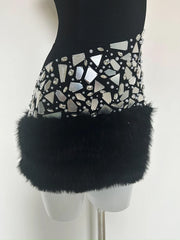 Black O Neck Diamond Beaded Fur Patchwork Mini Bandage Dress