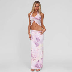 Mesh Print Halter Tank Top And Maxi Skirt Set