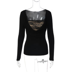 Long Sleeve Cowl Neck Lace Bandeau Top