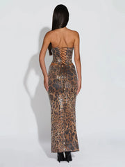 Leopard Print Sequin Strapless Crop Top And Skirt Set