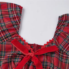 Red Plaid Tiered Long Puff Sleeve Smocked Mini Dress