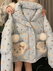 Blue Printed Puff Teddy Hooded Parka Jacket