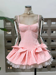 Gingham Spaghetti Strap Bow Tulle Hem Mini Dress