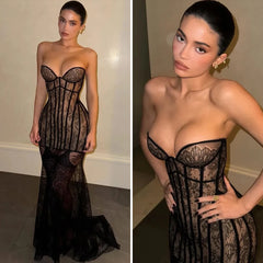 Black Lace Corset Sheer Removable Hem Maxi Dress