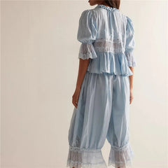 Lace Trim Bow Tie Front Short Sleeve Shirts And Ruffle Flared Lantern Pants Loungewear Set