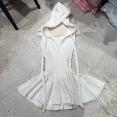 Hooded Sleeveless Patchwork A-line Pleated Mini Dress
