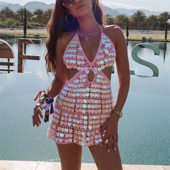 Sequin Halter Tie-up Crochet Mini Dress
