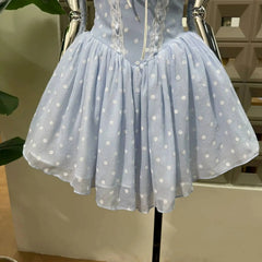 Polka Dot Corset Spaghetti Strap 3D Flower Flared Mini Dress