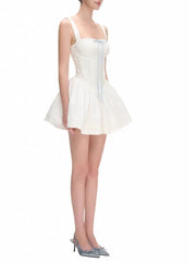 White Square Collar Sleeveless Bow Corset Puffy Short Dress