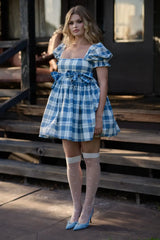 Blue Plaid Short Puff Sleeve Square Neck Bow A-line Mini Dress