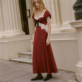 Red Satin Lace Trim Sweetheart Neckline Short Sleeve Maxi Dress