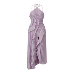 Spaghetti Strap Pleated Irregular Ruffle Desgin Long Dress