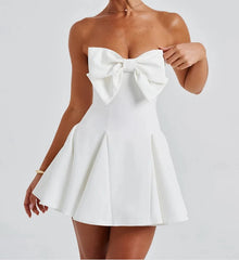 Large Bow Strapless Flare Mini Dress