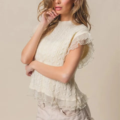 White Knit Ruffled Trim Crew Neck Top