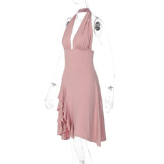 Pink Deep V Neck Halter Frill Hem Mini Dress