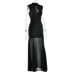 High Neck Cut Out Mesh Slit Maxi Dress