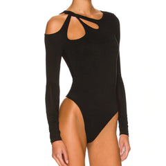 Black Cut Out Pattern Long Sleeve Bodysuit