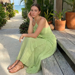Spaghetti Strap Pleated Irregular Ruffle Desgin Long Dress
