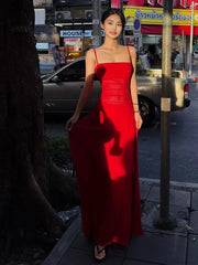 Red Strap Mesh Patchwork Maxi Dress