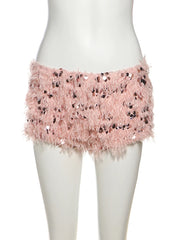 Pink Ruched Halter Open Back Top And Fur Sequin Shorts Set