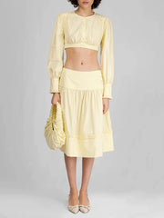 Round Neck Long Sleeve Crop Top And Low Waist Midi A Line Skirt Two Piece Set