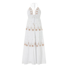 Embroidery Smocked V-Neck Halter Long Dress