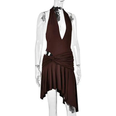 Deep V-Neck Halter Twisted Pleated Waist Irregular Hem Mini Dress